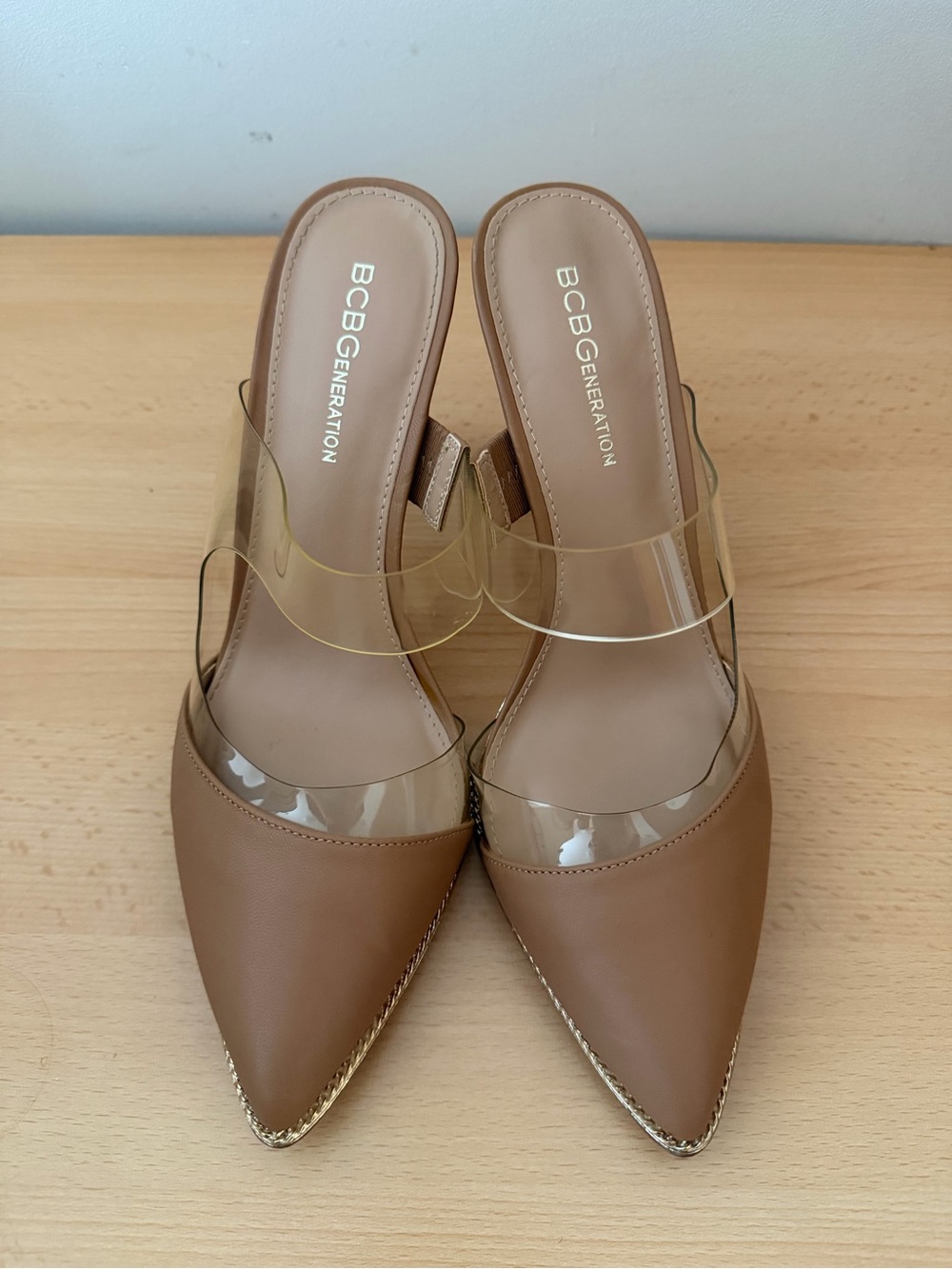 BCBGeneration Pointed Toe Clear Strap Stiletto Mules Nude Size